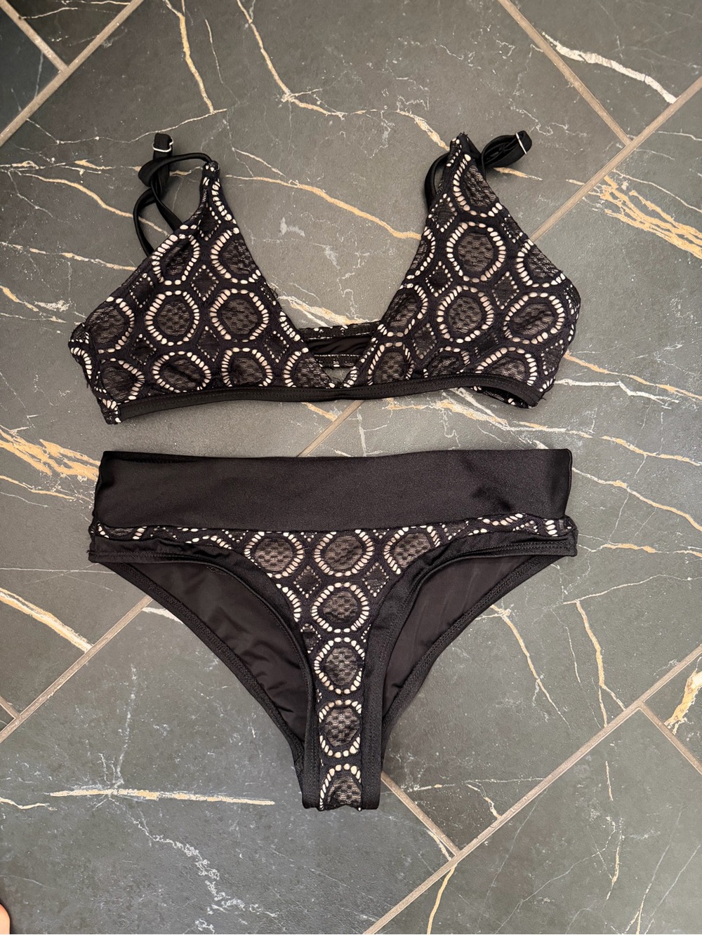 Ris K Swim- Black crochet Bikini with Tan underlay